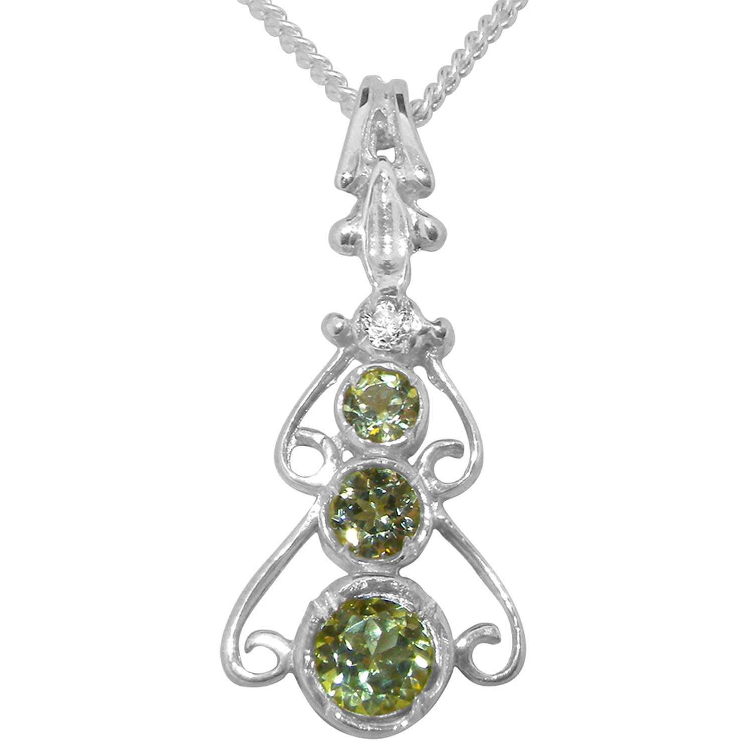 LBG 925 Sterling Silver Pendant & Chain with Genuine Peridot & Diamond