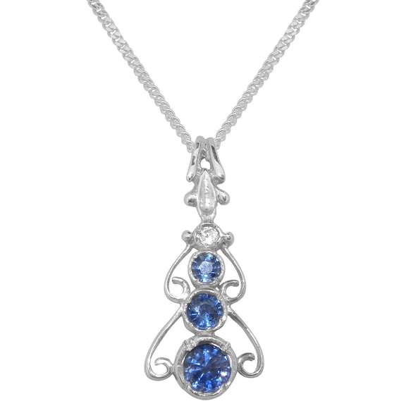 LBG 925 Sterling Silver Pendant & Chain with Genuine Sapphire & Diamond Womens Bohemian Pendant & Chain - Chain length 16