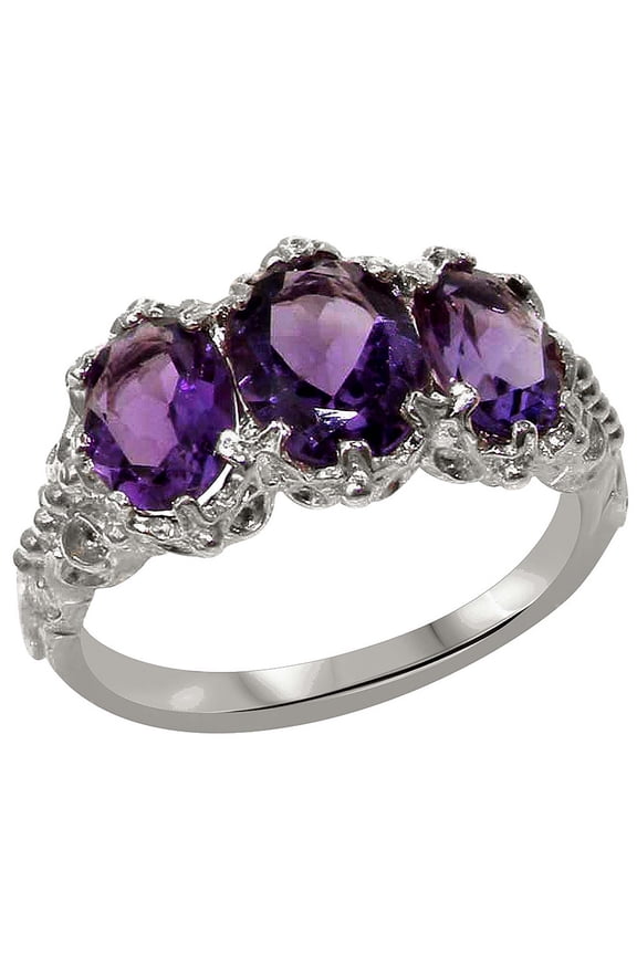 LBG 925 Sterling Silver Real Genuine Amethyst Womens Trilogy Engagement Ring - Size 6