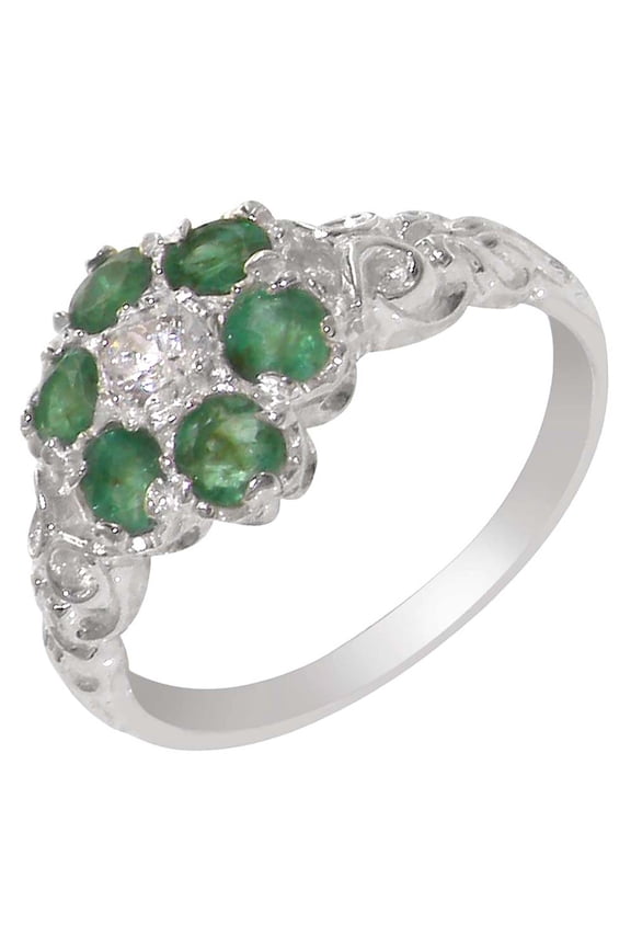 LBG 925 Sterling Silver Real Genuine Emerald & Diamond Womens Cluster Ring - Size 11 (0.09 cttw, H-I Color, I2-I3 Clarity)
