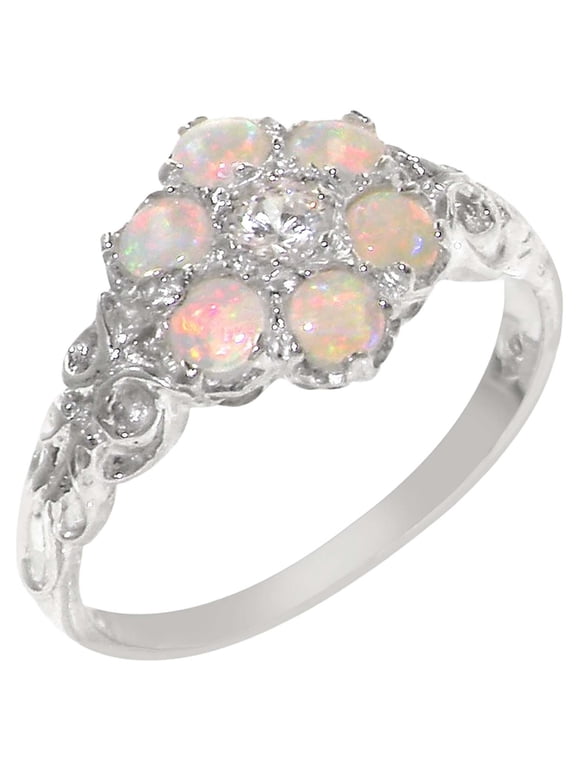 LBG 925 Sterling Silver Real Genuine Opal & Diamond Womens Promise Ring - Size 9 (0.09 cttw, H-I Color, I2-I3 Clarity)