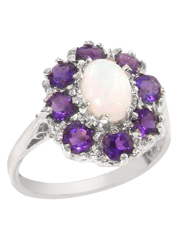 LBG 925 Sterling Silver Real Genuine Opal and Amethyst Womens Band Ring - Size 10