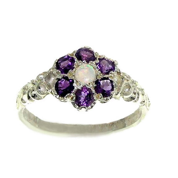 LBG 925 Sterling Silver Real Genuine Opal and Amethyst Womens Band Ring - Size 10