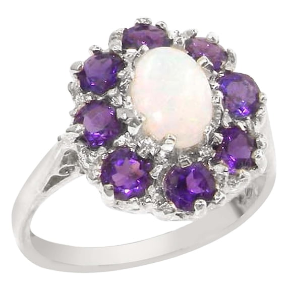LBG 925 Sterling Silver Real Genuine Opal and Amethyst Womens Band Ring - Size 12