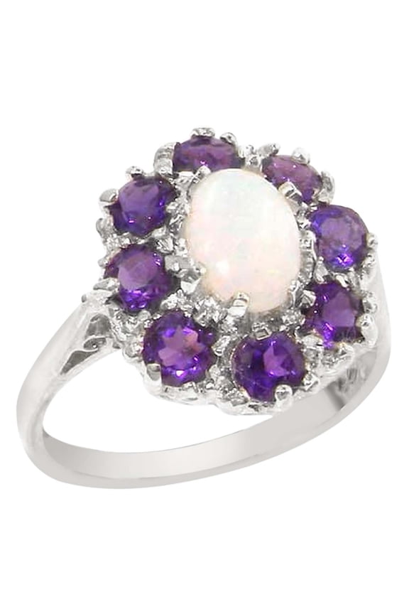 LBG 925 Sterling Silver Real Genuine Opal and Amethyst Womens Band Ring - Size 7