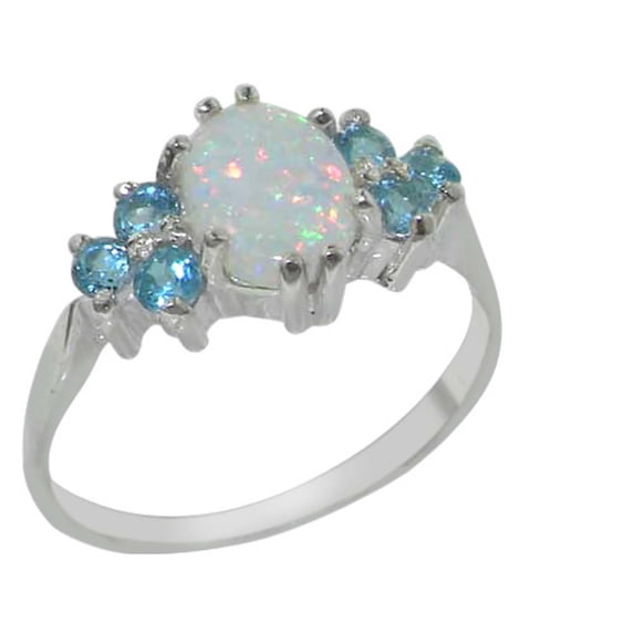 LBG 925 Sterling Silver Real Genuine Opal and Blue Topaz Womens Cluster Ring - Size 11
