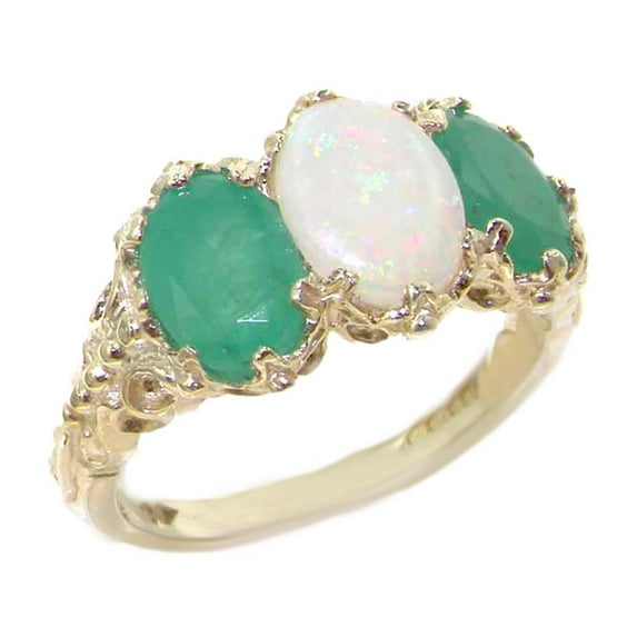 LBG 925 Sterling Silver Real Genuine Opal and Emerald Womens Trilogy Ring - Size 11