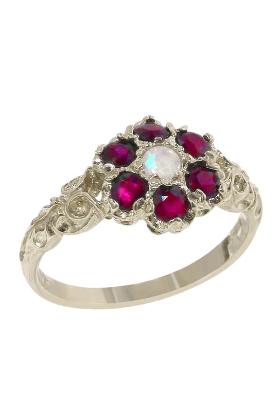 LBG 925 Sterling Silver Real Genuine Opal and Ruby Womens Band Ring - Size 10