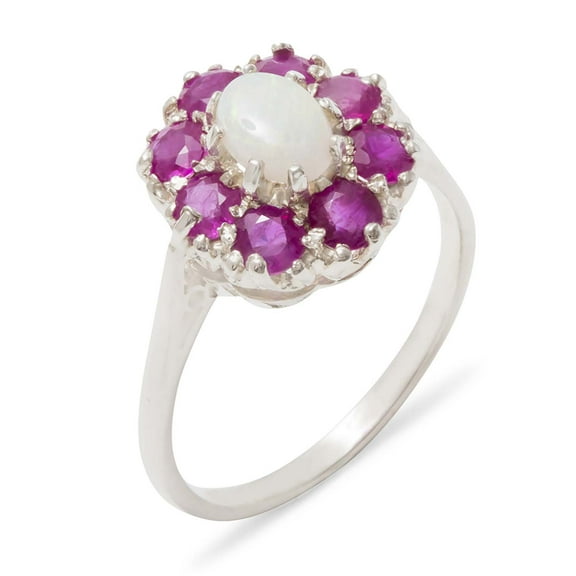 LBG 925 Sterling Silver Real Genuine Opal and Ruby Womens Band Ring - Size 10