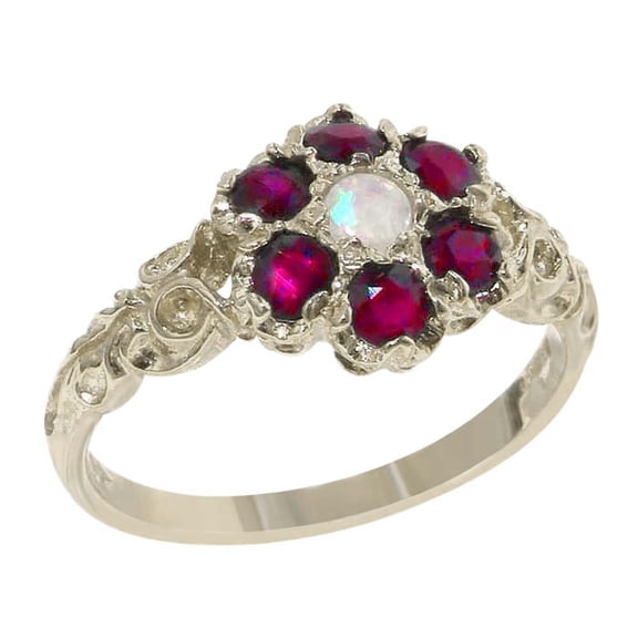 LBG 925 Sterling Silver Real Genuine Opal and Ruby Womens Cluster Ring - Size 11