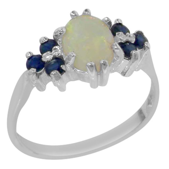 LBG 925 Sterling Silver Real Genuine Opal and Sapphire Womens Band Ring - Size 10