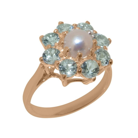 LBG British Made 10k Rose Gold Cultured Pearl & Aquamarine Womens Engagement Ring - 33 size options - Size 4.75