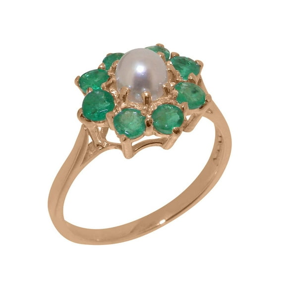 LBG British Made 10k Rose Gold Cultured Pearl & Emerald Womens Statement Ring - 33 size options - Size 5