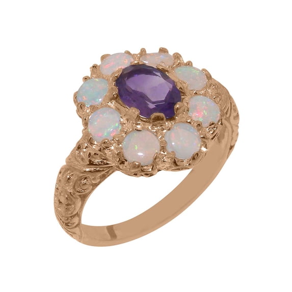 LBG British Made 10k Rose Gold Genuine Natural Amethyst & Opal Womens Anniversary Ring - 33 size options - Size 5.5