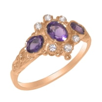 LBG British Made 10k Rose Gold Natural Amethyst & Diamond Womens Anniversary Ring - 33 size options - Size 8.75