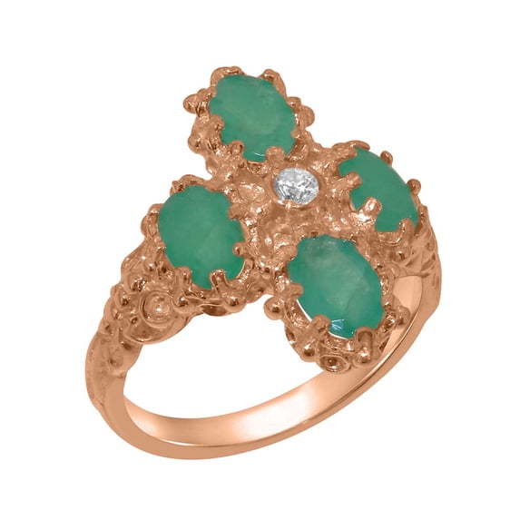 LBG British Made 10k Rose Gold Natural Diamond & Emerald Womens Statement Ring - 33 size options - Size 9