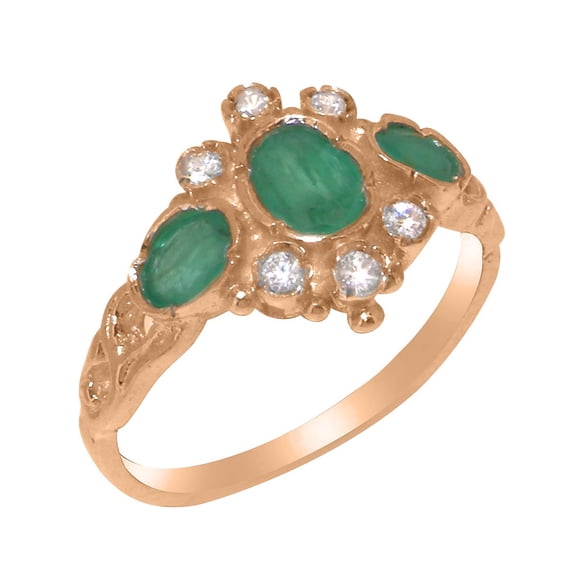 LBG British Made 10k Rose Gold Natural Emerald & Cubic Zirconia Womens Anniversary Ring - 33 size options - Size 5