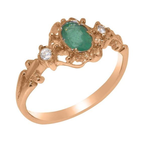LBG British Made 10k Rose Gold Natural Emerald & Cubic Zirconia Womens Engagement Ring - 33 size options - Size 8.5