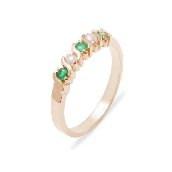 LBG British Made 10k Rose Gold Natural Emerald & Cultured Pearl Womens Eternity Ring - 33 size options - Sizes 4 to 12 Available