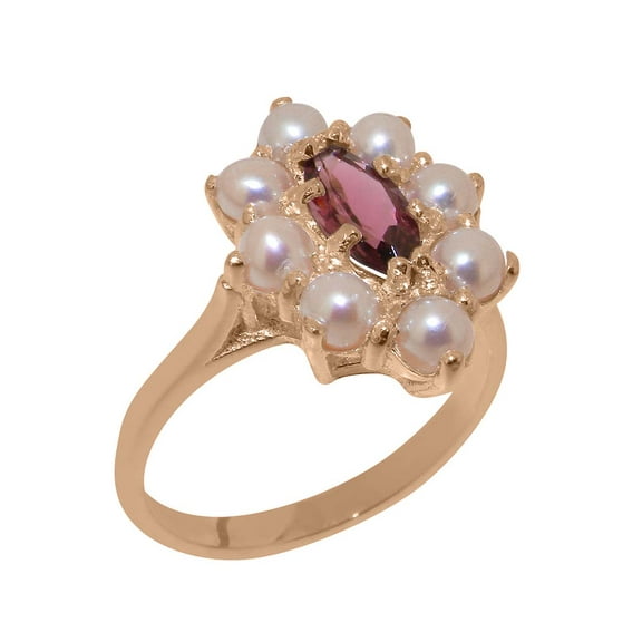 LBG British Made 10k Rose Gold Natural Pink Tourmaline & Cultured Pearl Womens Statement Ring - 33 size options - Size 10