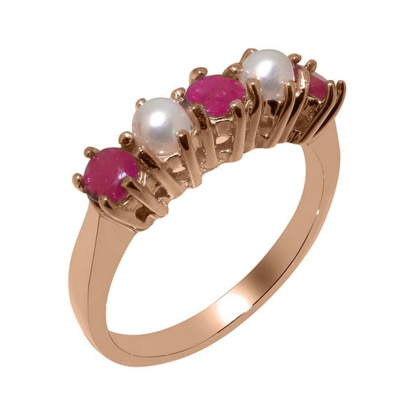 LBG British Made 10k Rose Gold Natural Ruby & Cultured Pearl Womens Anniversary Ring - 33 size options - Size 8.5