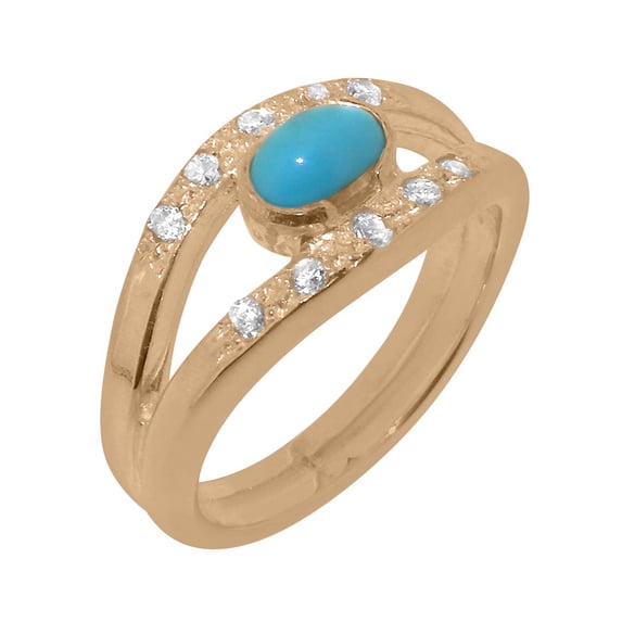 LBG British Made 10k Rose Gold Natural Turquoise & Cubic Zirconia Womens Band Ring - 33 size options - Size 11.5