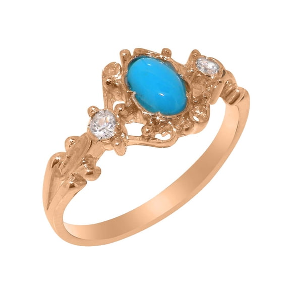 LBG British Made 10k Rose Gold Natural Turquoise & Cubic Zirconia Womens Promise Ring - 33 size options - Size 4.25