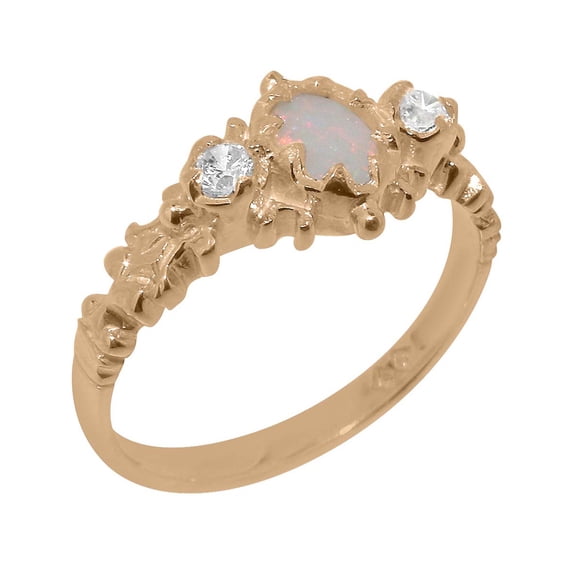 LBG British Made 10k Rose Gold Real Genuine Opal & Cubic Zirconia Womens Promise Ring - 33 size options - Size 5.75