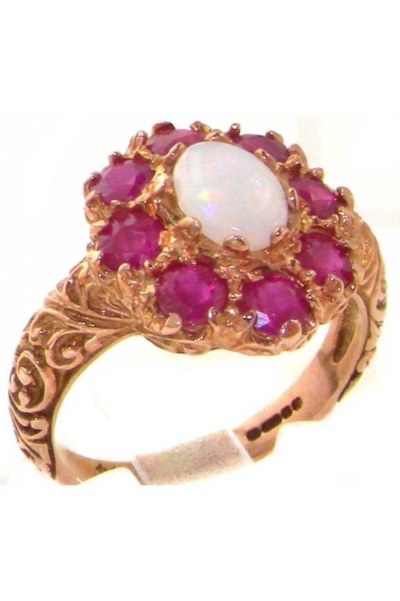 LBG British Made 10k Rose Gold Real Genuine Opal & Ruby Womens Statement Ring - 33 size options - Size 5.75