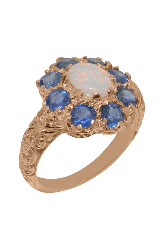 LBG British Made 10k Rose Gold Real Natural Opal & Sapphire Womens Engagement Ring - 33 size options - Size 8