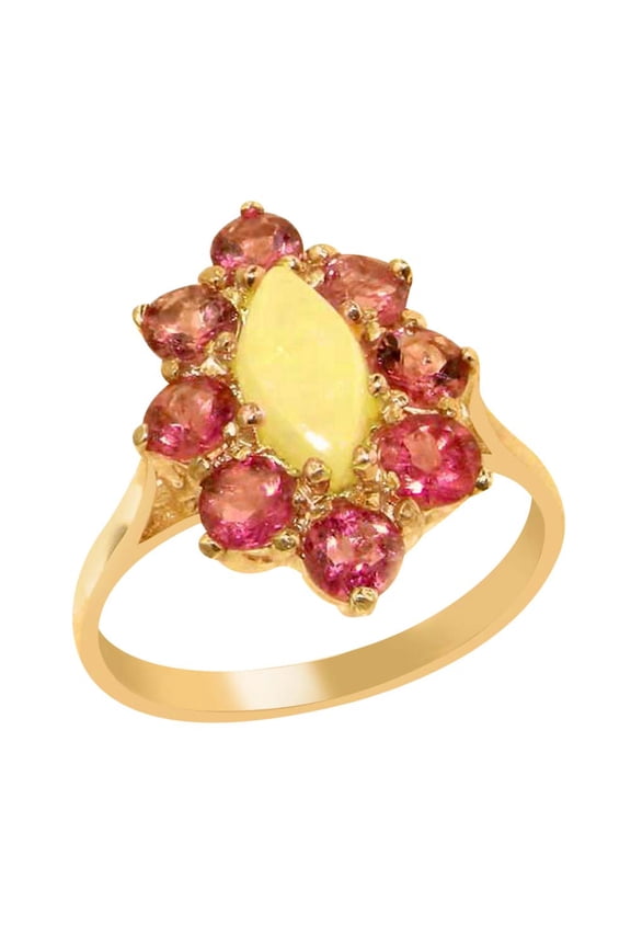 LBG British Made 10k Rose Gold Ring with Natural Opal & Pink Tourmaline Womens Statement Ring - 33 size options - Size 7.25