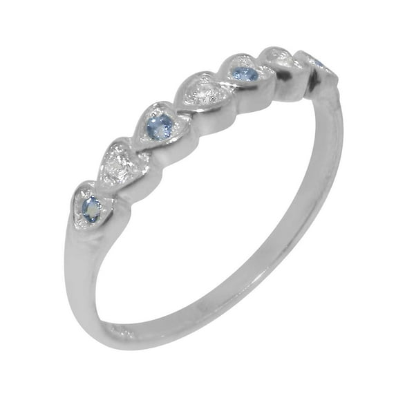 LBG British Made 10k White Gold Cubic Zirconia & Natural Aquamarine Womens Eternity Ring - 33 size options - Size 11.5