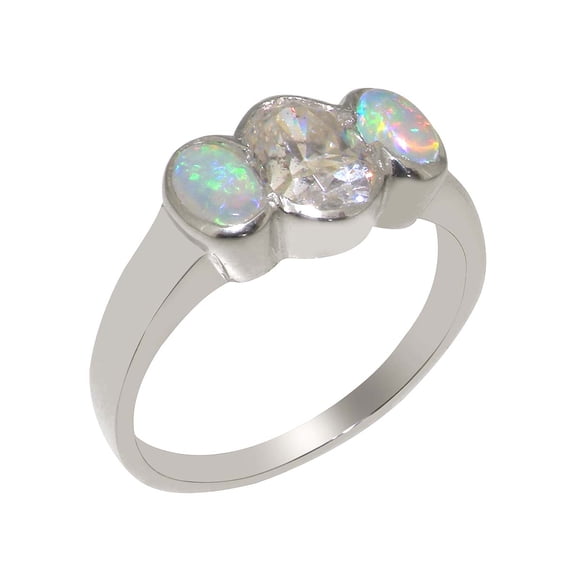 LBG British Made 10k White Gold Cubic Zirconia & Natural Opal Womens Anniversary Ring - 33 size options - Size 8.75