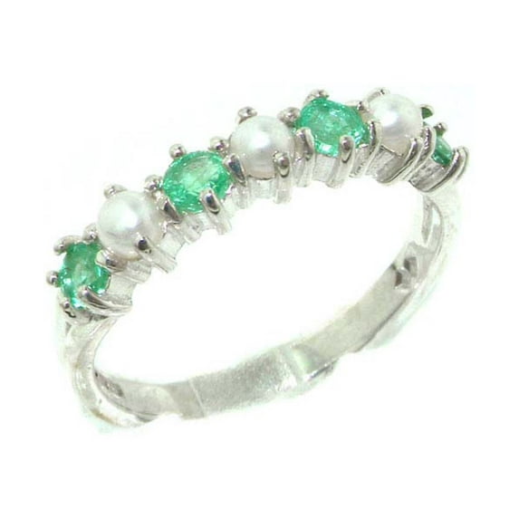 LBG British Made 10k White Gold Cultured Pearl & Emerald Womens Eternity Ring - Size 9.75 - 33 size options
