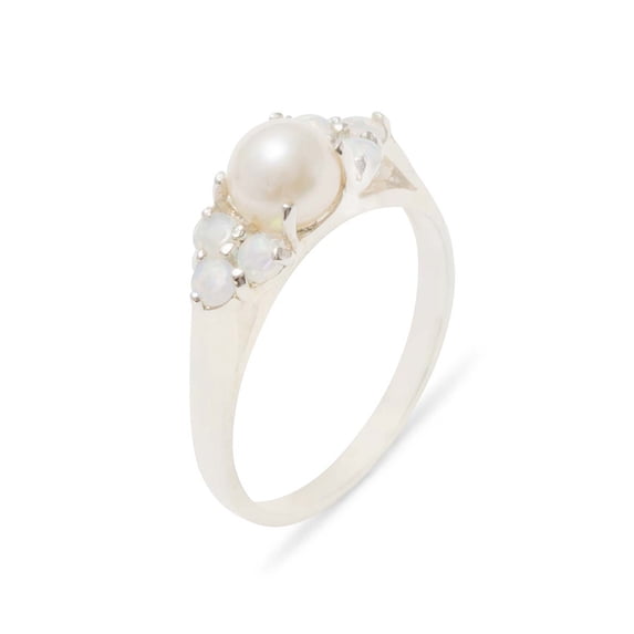 LBG British Made 10k White Gold Cultured Pearl & Opal Womens Cluster Ring - 33 size options - Size 4.25