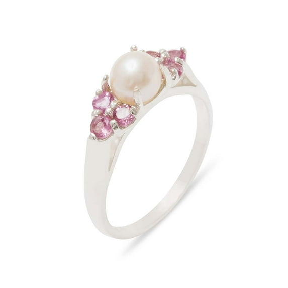 LBG British Made 10k White Gold Cultured Pearl & Pink Tourmaline Womens Cluster Ring - 33 size options - Size 5.25