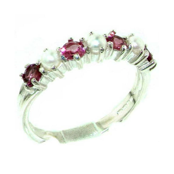 LBG British Made 10k White Gold Cultured Pearl & Pink Tourmaline Womens Eternity Ring - Size 5.75 - 33 size options
