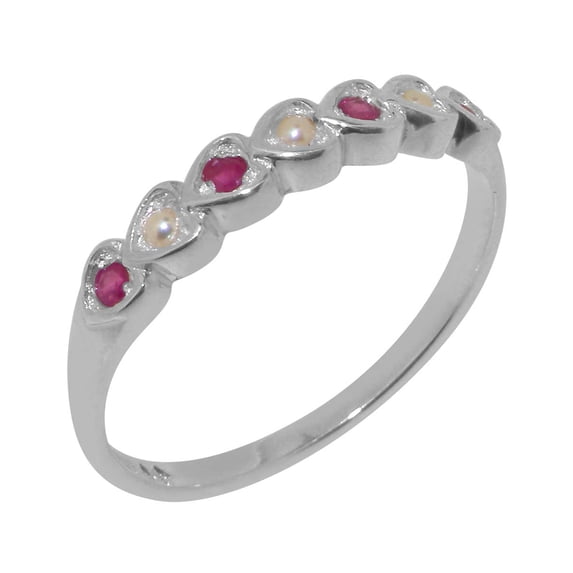 LBG British Made 10k White Gold Cultured Pearl & Ruby Womens Eternity Ring - 33 size options - Size 11.5
