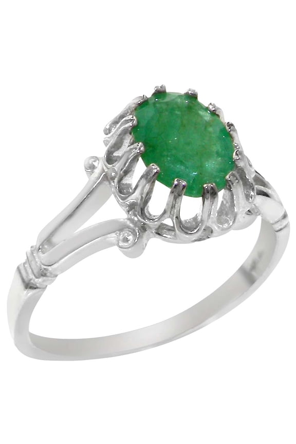 LBG British Made 10k White Gold Genuine Natural Emerald Womens Engagement Ring - 33 size options - Size 5.5
