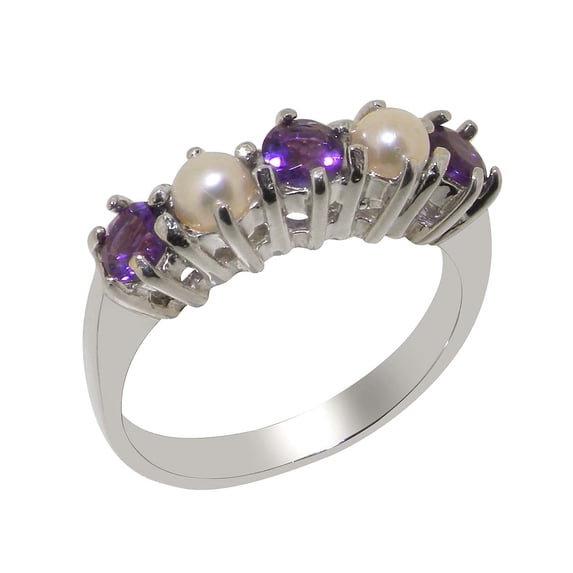 LBG British Made 10k White Gold Natural Amethyst & Cultured Pearl Womens Eternity Ring - 33 size options - Size 9.75