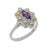 LBG British Made 10k White Gold Natural Amethyst & Cultured Pearl Womens Statement Ring - 33 size options - Size 10