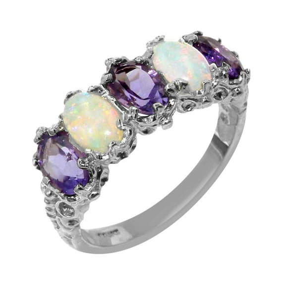 LBG British Made 10k White Gold Natural Amethyst & Opal Womens Eternity Ring - 33 size options - Size 12