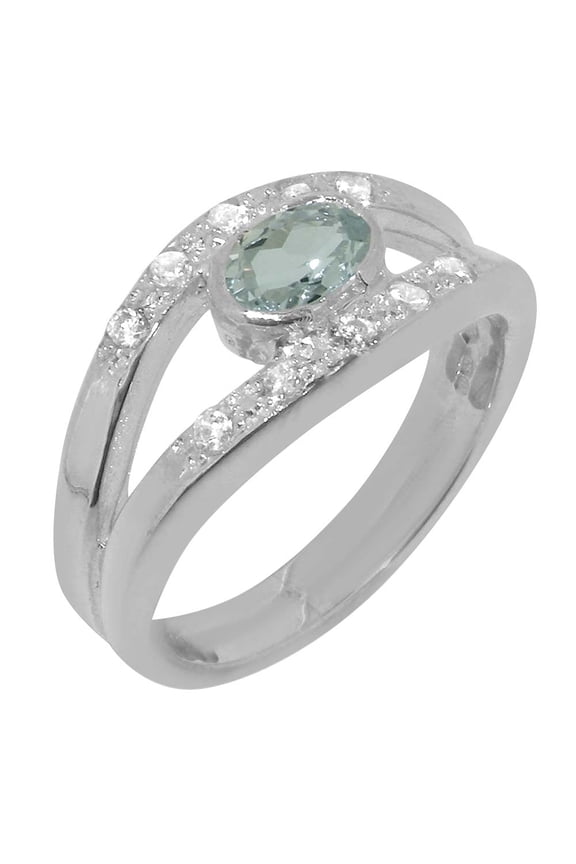 LBG British Made 10k White Gold Natural Aquamarine & Cubic Zirconia Womens Band Ring - 33 size options - Size 11.5