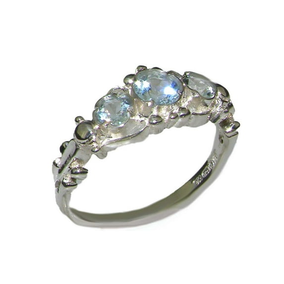 LBG British Made 10k White Gold Natural Aquamarine Womens Trilogy Ring - 33 size options - Sizes 4 to 12 Available