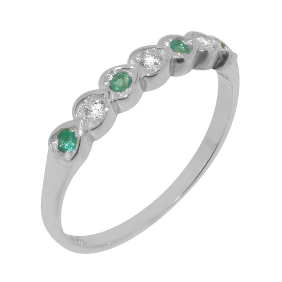 LBG British Made 10k White Gold Natural Diamond & Emerald Womens Anniversary Ring - 33 size options - Size 8.5