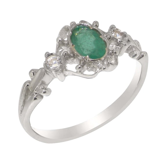 LBG British Made 10k White Gold Natural Emerald & Cubic Zirconia Womens Anniversary Ring - 33 size options - Size 6.5
