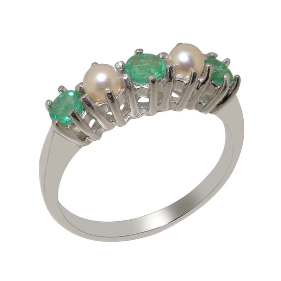 LBG British Made 10k White Gold Natural Emerald & Cultured Pearl Womens Anniversary Ring - 33 size options - Size 12