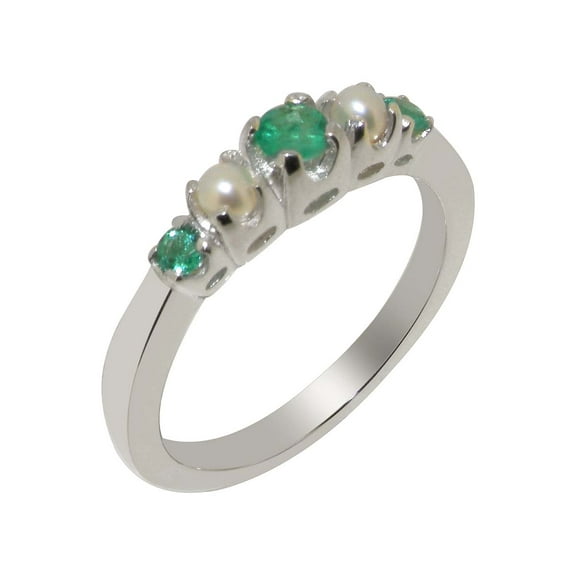 LBG British Made 10k White Gold Natural Emerald & Cultured Pearl Womens band Ring - 33 size options - Size 9.5