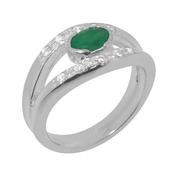 LBG British Made 10k White Gold Natural Emerald & Diamond Womens Band Ring - 33 size options - Size 8.5