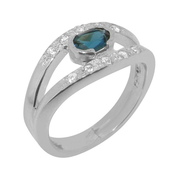 LBG British Made 10k White Gold Natural London Blue Topaz & Cubic Zirconia Womens Band Ring - 33 size options - Size 10
